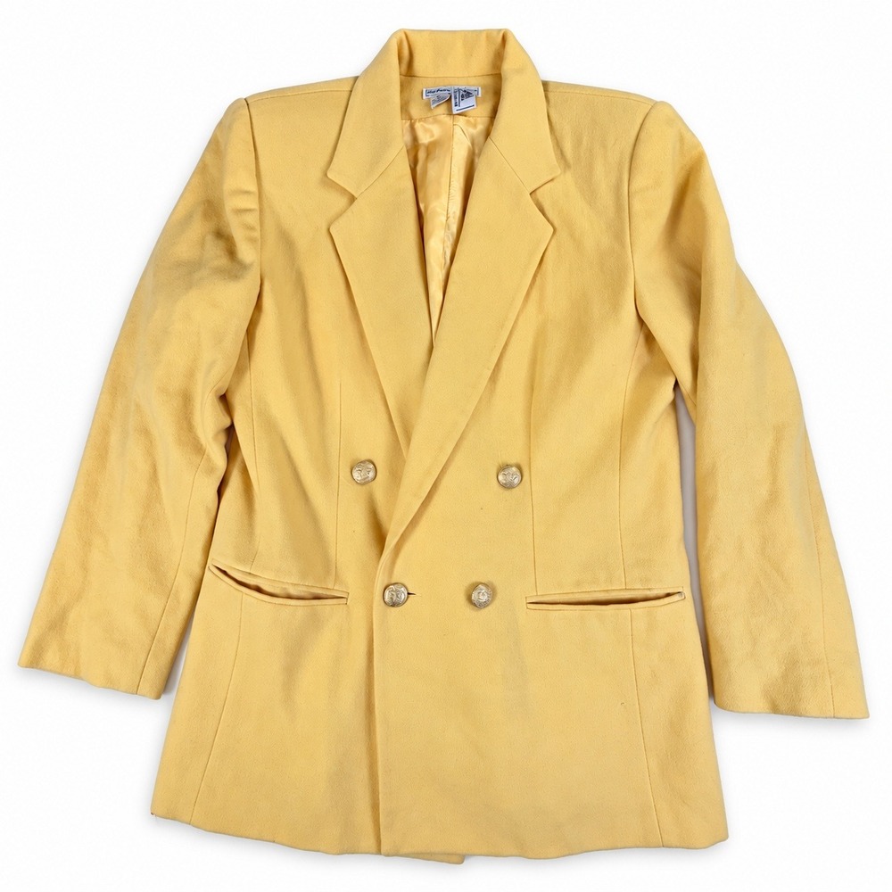 Vintage Preppy Yellow Pure New Wool Double Breasted Blazer Size 10 Gold Buttons